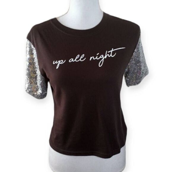 MIGHTY FINE SILVER & BLACK SEQUIN ARM CROP T-SHIRT SZ.XS EUC - Picture 3 of 5